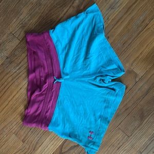 Blue and pink under armor shorts  stretchy workout shorts size s/m